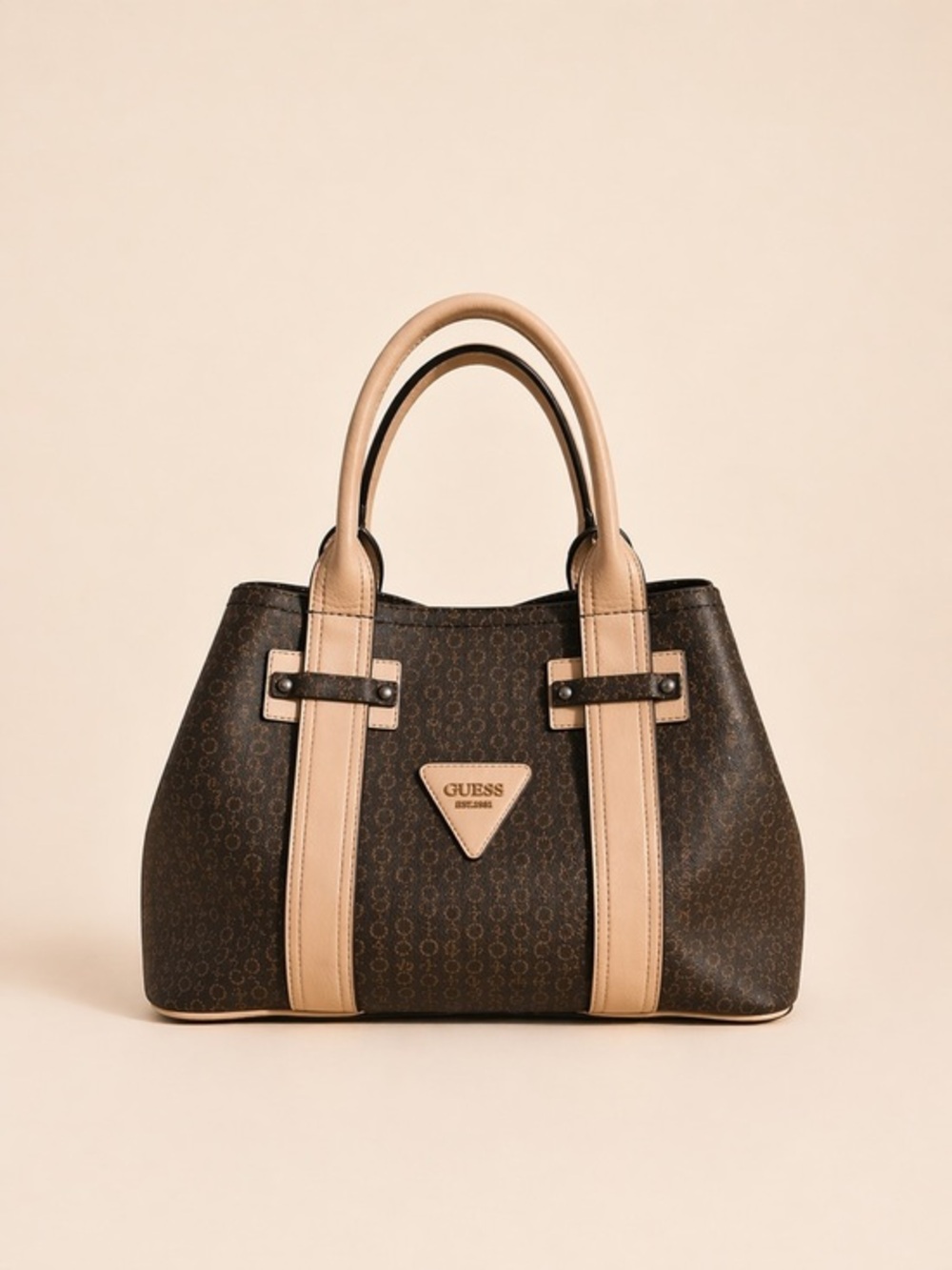 GUESS Brown Monogram Satchel Bag | Tan Trim | Chic Everyday Purse